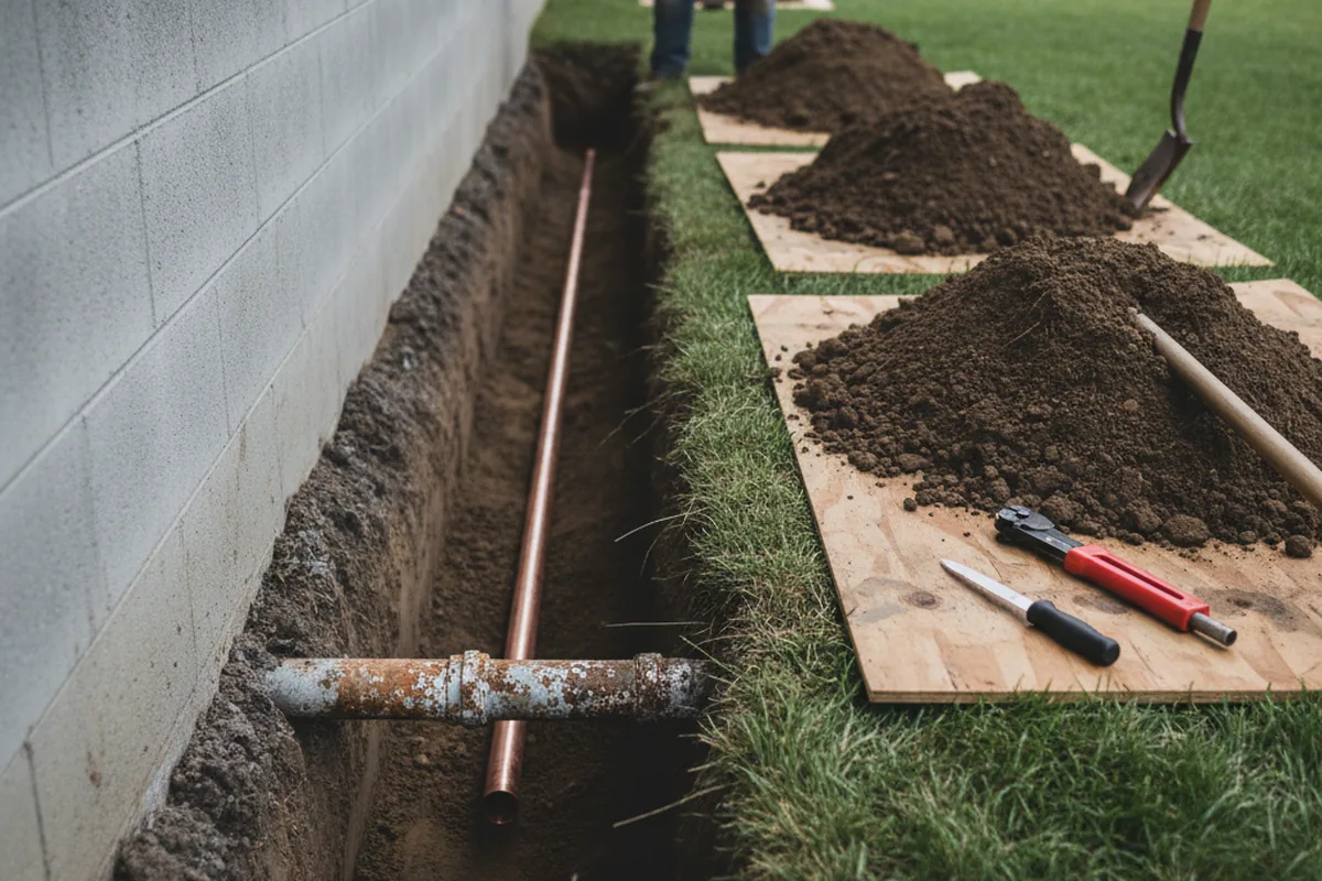 Excavated water line trench during Water Softener Installation in Sparks Glencoe